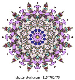 Mandala flower decoration, hand drawn round ornament, isolated design element on a white background. Vector geometric floral pattern. Tribal ethnic fashion motif for paper, textile, cloth fabric print