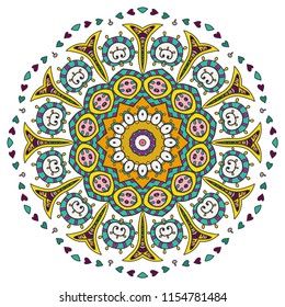 Mandala flower decoration, hand drawn round ornament, isolated design element on a white background. Vector geometric floral pattern. Tribal ethnic fashion motif for paper, textile, cloth fabric print