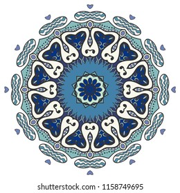 Mandala flower decoration, hand drawn round ornament, isolated design element on a white background. Vector geometric floral pattern. Tribal ethnic fashion motif for paper, textile, cloth fabric print