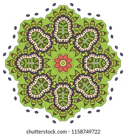 Mandala flower decoration, hand drawn round ornament, isolated design element on a white background. Vector geometric floral pattern. Tribal ethnic fashion motif for paper, textile, cloth fabric print