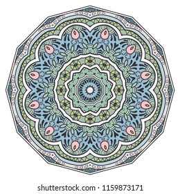 Mandala flower decoration, hand drawn round ornament, isolated design element on a white background. Vector geometric floral pattern. Tribal ethnic fashion motif for paper, textile, cloth fabric print