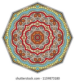 Mandala flower decoration, hand drawn round ornament, isolated design element on a white background. Vector geometric floral pattern. Tribal ethnic fashion motif for paper, textile, cloth fabric print