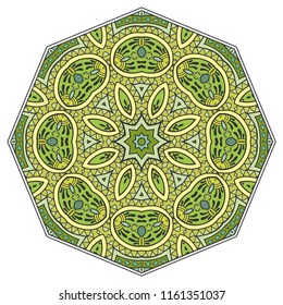 Mandala flower decoration, hand drawn round ornament, isolated design element on a white background. Vector geometric floral pattern. Tribal ethnic fashion motif for paper, textile, cloth fabric print
