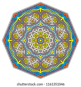 Mandala flower decoration, hand drawn round ornament, isolated design element on a white background. Vector geometric floral pattern. Tribal ethnic fashion motif for paper, textile, cloth fabric print