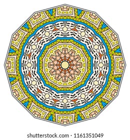 Mandala flower decoration, hand drawn round ornament, isolated design element on a white background. Vector geometric floral pattern. Tribal ethnic fashion motif for paper, textile, cloth fabric print