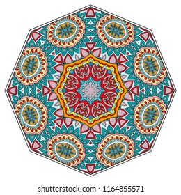 Mandala flower decoration, hand drawn round ornament, isolated design element on a white background. Vector geometric floral pattern. Tribal ethnic fashion motif for paper, textile, cloth fabric print