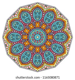 Mandala flower decoration, hand drawn round ornament, isolated design element on a white background. Vector geometric floral pattern. Tribal ethnic fashion motif for paper, textile, cloth fabric print