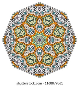 Mandala flower decoration, hand drawn round ornament, isolated design element on a white background. Vector geometric floral pattern. Tribal ethnic fashion motif for paper, textile, cloth fabric print