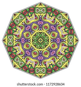 Mandala flower decoration, hand drawn round ornament, isolated design element on a white background. Vector geometric floral pattern. Tribal ethnic fashion motif for paper, textile, cloth fabric print