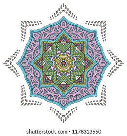 Mandala flower decoration, hand drawn round ornament, isolated design element on a white background. Vector geometric floral pattern. Tribal ethnic fashion motif for paper, textile, cloth fabric print