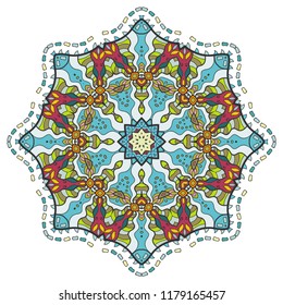 Mandala flower decoration, hand drawn round ornament, isolated design element on a white background. Vector geometric floral pattern. Tribal ethnic fashion motif for paper, textile, cloth fabric print