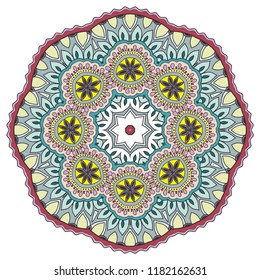 Mandala flower decoration, hand drawn round ornament, isolated design element on a white background. Vector geometric floral pattern. Tribal ethnic fashion motif for paper, textile, cloth fabric print