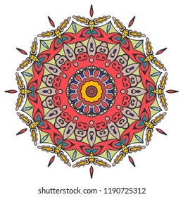 Mandala flower decoration, hand drawn round ornament, isolated design element on a white background. Vector geometric floral pattern. Tribal ethnic fashion motif for paper, textile, cloth fabric print