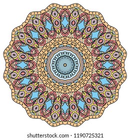 Mandala flower decoration, hand drawn round ornament, isolated design element on a white background. Vector geometric floral pattern. Tribal ethnic fashion motif for paper, textile, cloth fabric print