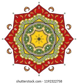 Mandala flower decoration, hand drawn round ornament, isolated design element on a white background. Vector geometric floral pattern. Tribal ethnic fashion motif for paper, textile, cloth fabric print