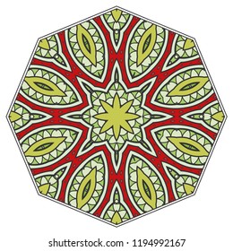 Mandala flower decoration, hand drawn round ornament, isolated design element on a white background. Vector geometric floral pattern. Tribal ethnic fashion motif for paper, textile, cloth fabric print