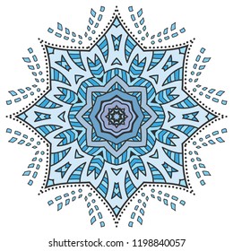 Mandala flower decoration, hand drawn round ornament, isolated design element on a white background. Vector geometric floral pattern. Tribal ethnic fashion motif for paper, textile, cloth fabric print