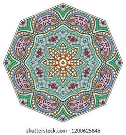 Mandala flower decoration, hand drawn round ornament, isolated design element on a white background. Vector geometric floral pattern. Tribal ethnic fashion motif for paper, textile, cloth fabric print