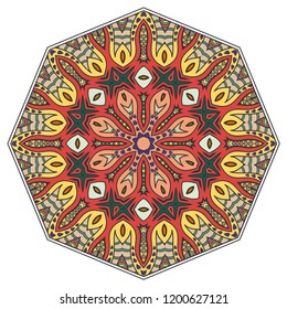 Mandala flower decoration, hand drawn round ornament, isolated design element on a white background. Vector geometric floral pattern. Tribal ethnic fashion motif for paper, textile, cloth fabric print