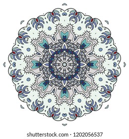 Mandala flower decoration, hand drawn round ornament, isolated design element on a white background. Vector geometric floral pattern. Tribal ethnic fashion motif for paper, textile, cloth fabric print