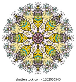 Mandala flower decoration, hand drawn round ornament, isolated design element on a white background. Vector geometric floral pattern. Tribal ethnic fashion motif for paper, textile, cloth fabric print