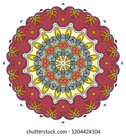 Mandala flower decoration, hand drawn round ornament, isolated design element on a white background. Vector geometric floral pattern. Tribal ethnic fashion motif for paper, textile, cloth fabric print