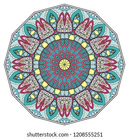 Mandala flower decoration, hand drawn round ornament, isolated design element on a white background. Vector geometric floral pattern. Tribal ethnic fashion motif for paper, textile, cloth fabric print