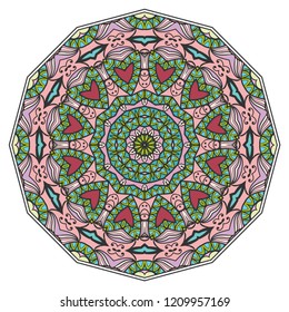 Mandala flower decoration, hand drawn round ornament, isolated design element on a white background. Vector geometric floral pattern. Tribal ethnic fashion motif for paper, textile, cloth fabric print