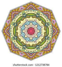 Mandala flower decoration, hand drawn round ornament, isolated design element on a white background. Vector geometric floral pattern. Tribal ethnic fashion motif for paper, textile, cloth fabric print