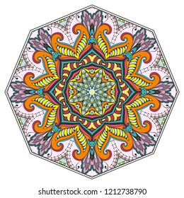 Mandala flower decoration, hand drawn round ornament, isolated design element on a white background. Vector geometric floral pattern. Tribal ethnic fashion motif for paper, textile, cloth fabric print