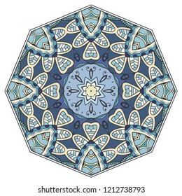Mandala flower decoration, hand drawn round ornament, isolated design element on a white background. Vector geometric floral pattern. Tribal ethnic fashion motif for paper, textile, cloth fabric print