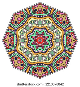 Mandala flower decoration, hand drawn round ornament, isolated design element on a white background. Vector geometric floral pattern. Tribal ethnic fashion motif for paper, textile, cloth fabric print