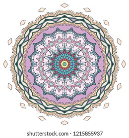 Mandala flower decoration, hand drawn round ornament, isolated design element on a white background. Vector geometric floral pattern. Tribal ethnic fashion motif for paper, textile, cloth fabric print