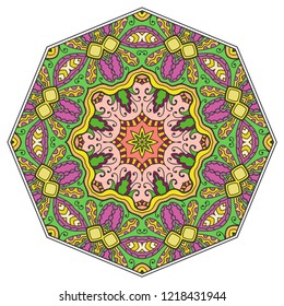 Mandala flower decoration, hand drawn round ornament, isolated design element on a white background. Vector geometric floral pattern. Tribal ethnic fashion motif for paper, textile, cloth fabric print