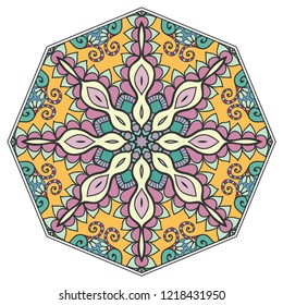 Mandala flower decoration, hand drawn round ornament, isolated design element on a white background. Vector geometric floral pattern. Tribal ethnic fashion motif for paper, textile, cloth fabric print