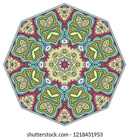 Mandala flower decoration, hand drawn round ornament, isolated design element on a white background. Vector geometric floral pattern. Tribal ethnic fashion motif for paper, textile, cloth fabric print