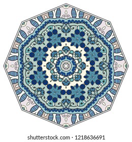 Mandala flower decoration, hand drawn round ornament, isolated design element on a white background. Vector geometric floral pattern. Tribal ethnic fashion motif for paper, textile, cloth fabric print
