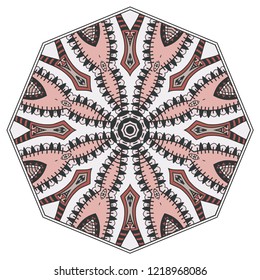 Mandala flower decoration, hand drawn round ornament, isolated design element on a white background. Vector geometric floral pattern. Tribal ethnic fashion motif for paper, textile, cloth fabric print