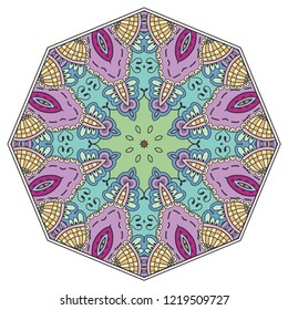 Mandala flower decoration, hand drawn round ornament, isolated design element on a white background. Vector geometric floral pattern. Tribal ethnic fashion motif for paper, textile, cloth fabric print