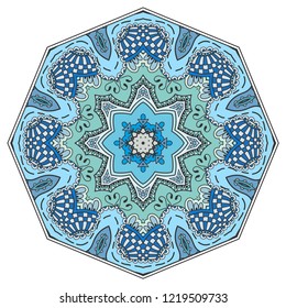 Mandala flower decoration, hand drawn round ornament, isolated design element on a white background. Vector geometric floral pattern. Tribal ethnic fashion motif for paper, textile, cloth fabric print