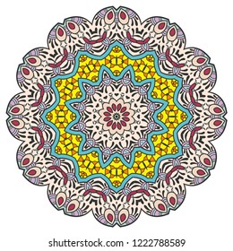 Mandala flower decoration, hand drawn round ornament, isolated design element on a white background. Vector geometric floral pattern. Tribal ethnic fashion motif for paper, textile, cloth fabric print