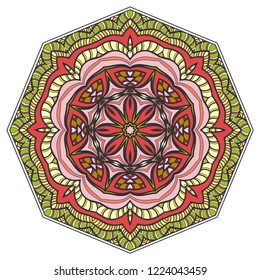 Mandala flower decoration, hand drawn round ornament, isolated design element on a white background. Vector geometric floral pattern. Tribal ethnic fashion motif for paper, textile, cloth fabric print
