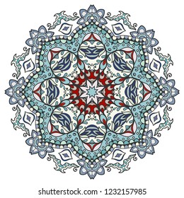 Mandala flower decoration, hand drawn round ornament, isolated design element on a white background. Vector geometric floral pattern. Tribal ethnic fashion motif for paper, textile, cloth fabric print