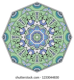 Mandala flower decoration, hand drawn round ornament, isolated design element on a white background. Vector geometric floral pattern. Tribal ethnic fashion motif for paper, textile, cloth fabric print
