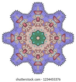 Mandala flower decoration, hand drawn round ornament, isolated design element on a white background. Vector geometric floral pattern. Tribal ethnic fashion motif for paper, textile, cloth fabric print