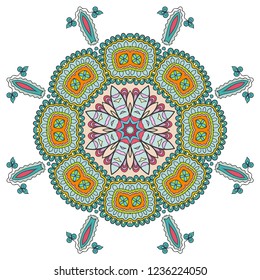 Mandala flower decoration, hand drawn round ornament, isolated design element on a white background. Vector geometric floral pattern. Tribal ethnic fashion motif for paper, textile, cloth fabric print