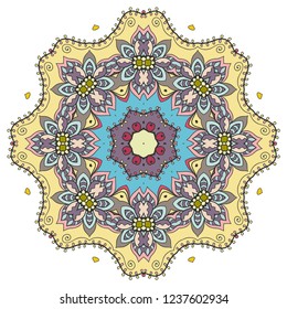 Mandala flower decoration, hand drawn round ornament, isolated design element on a white background. Vector geometric floral pattern. Tribal ethnic fashion motif for paper, textile, cloth fabric print