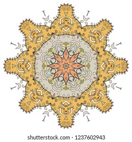 Mandala flower decoration, hand drawn round ornament, isolated design element on a white background. Vector geometric floral pattern. Tribal ethnic fashion motif for paper, textile, cloth fabric print