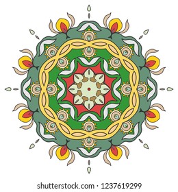 Mandala flower decoration, hand drawn round ornament, isolated design element on a white background. Vector geometric floral pattern. Tribal ethnic fashion motif for paper, textile, cloth fabric print