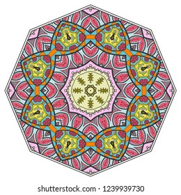 Mandala flower decoration, hand drawn round ornament, isolated design element on a white background. Vector geometric floral pattern. Tribal ethnic fashion motif for paper, textile, cloth fabric print